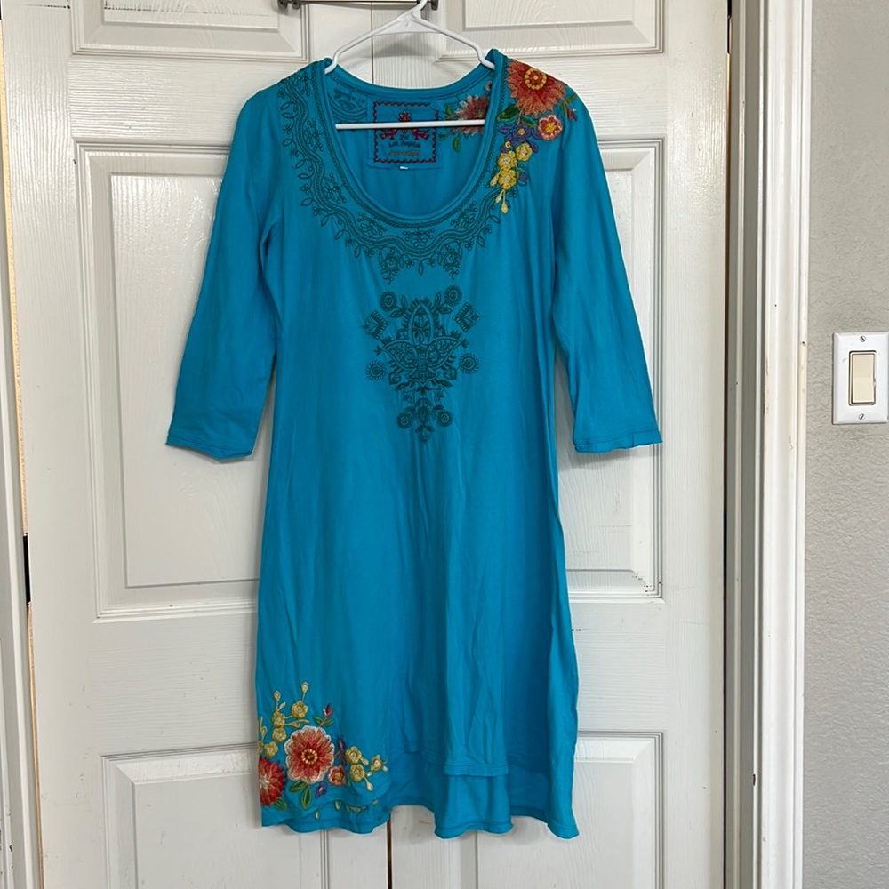 JW Los Angeles Johnny Was Embroidered Turquoise Knit Dress Small Please Read